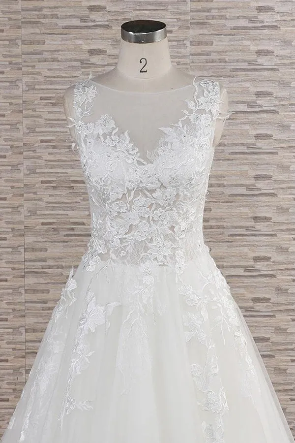 Long A-line Sweetheart Applqiues Lace Tulle Wedding Dress