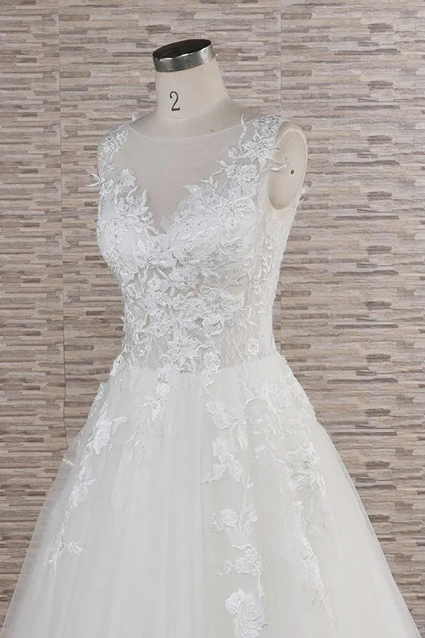 Long A-line Sweetheart Applqiues Lace Tulle Wedding Dress