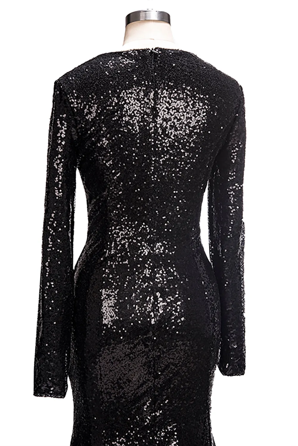 Long Mermaid V-Neck Black Sequins Prom Dresses with Sleeves