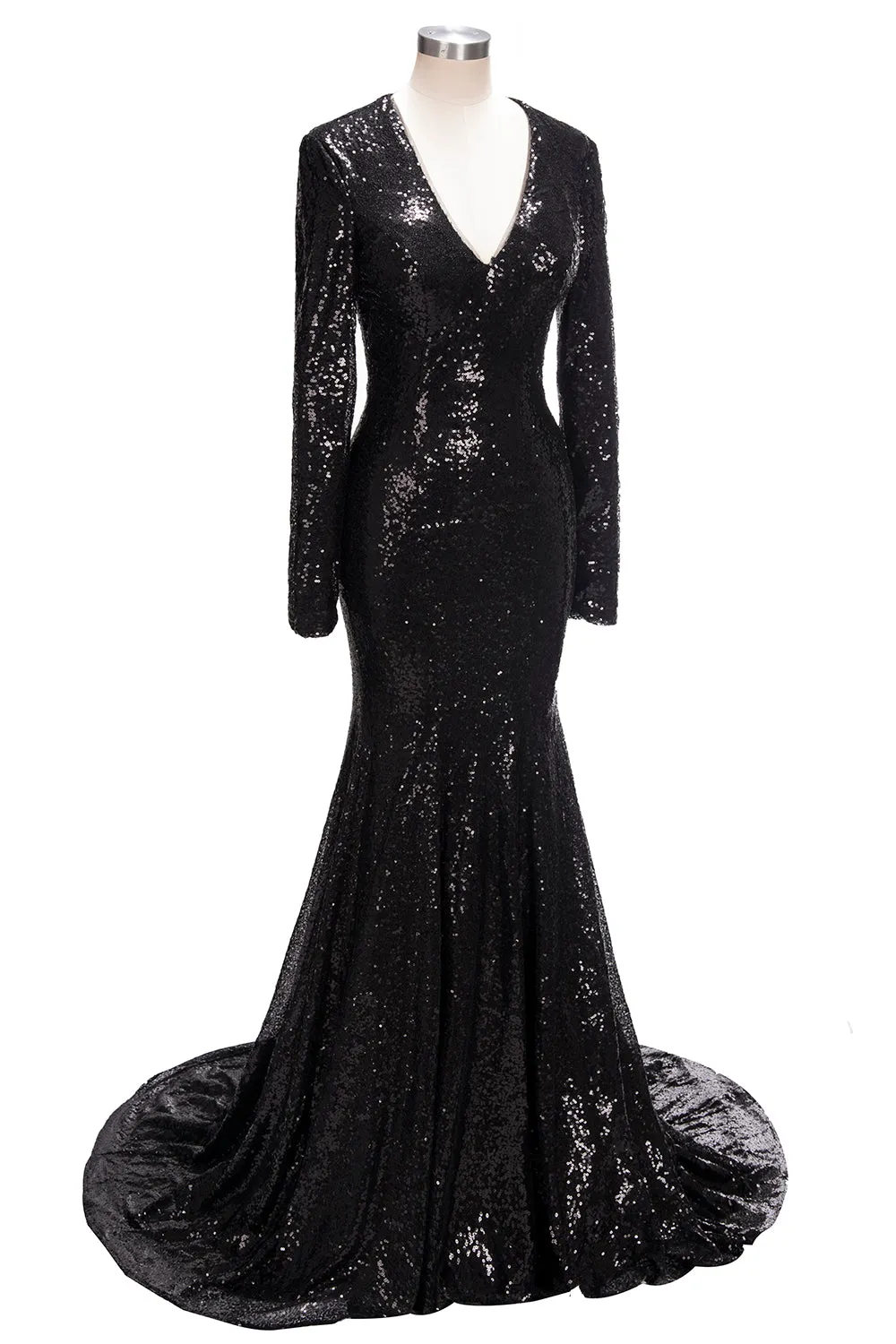 Long Mermaid V-Neck Black Sequins Prom Dresses with Sleeves