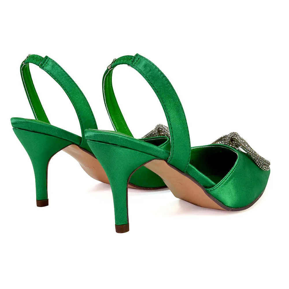 Marinah Wedding Shoes Diamante Bow Slingback Stiletto High Heel Court Shoes in Green