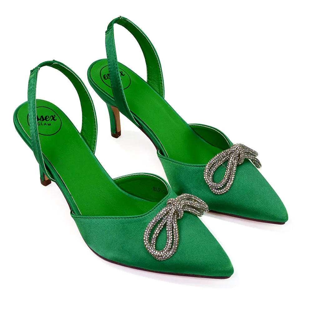 Marinah Wedding Shoes Diamante Bow Slingback Stiletto High Heel Court Shoes in Green