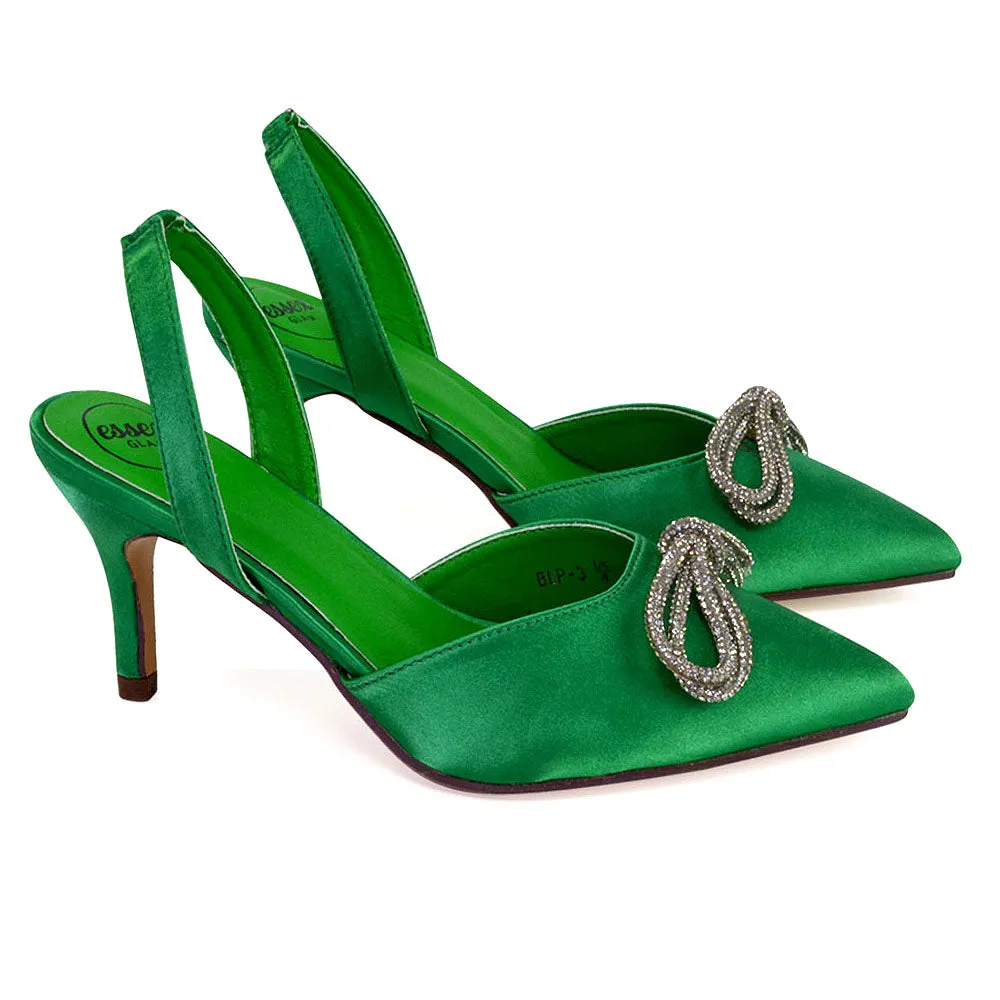 Marinah Wedding Shoes Diamante Bow Slingback Stiletto High Heel Court Shoes in Green