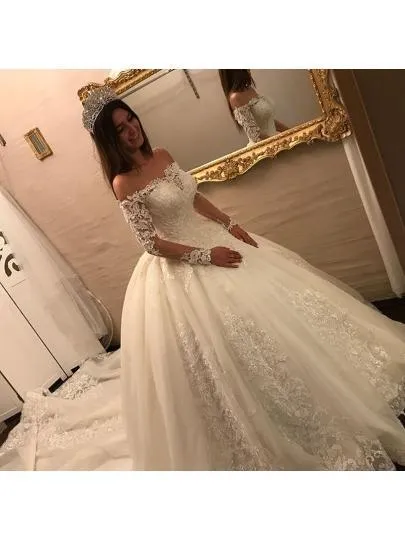 Off The Shoulder Long Sleeves Appliques Ball Gown Wedding Dress WD163