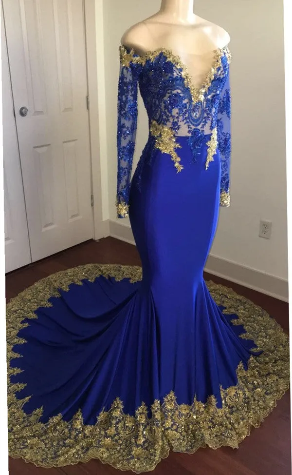 Off-the-Shoulder Royal Blue Prom Dresses Gold Lace Appliques Chic Evening Dress with Sleeve