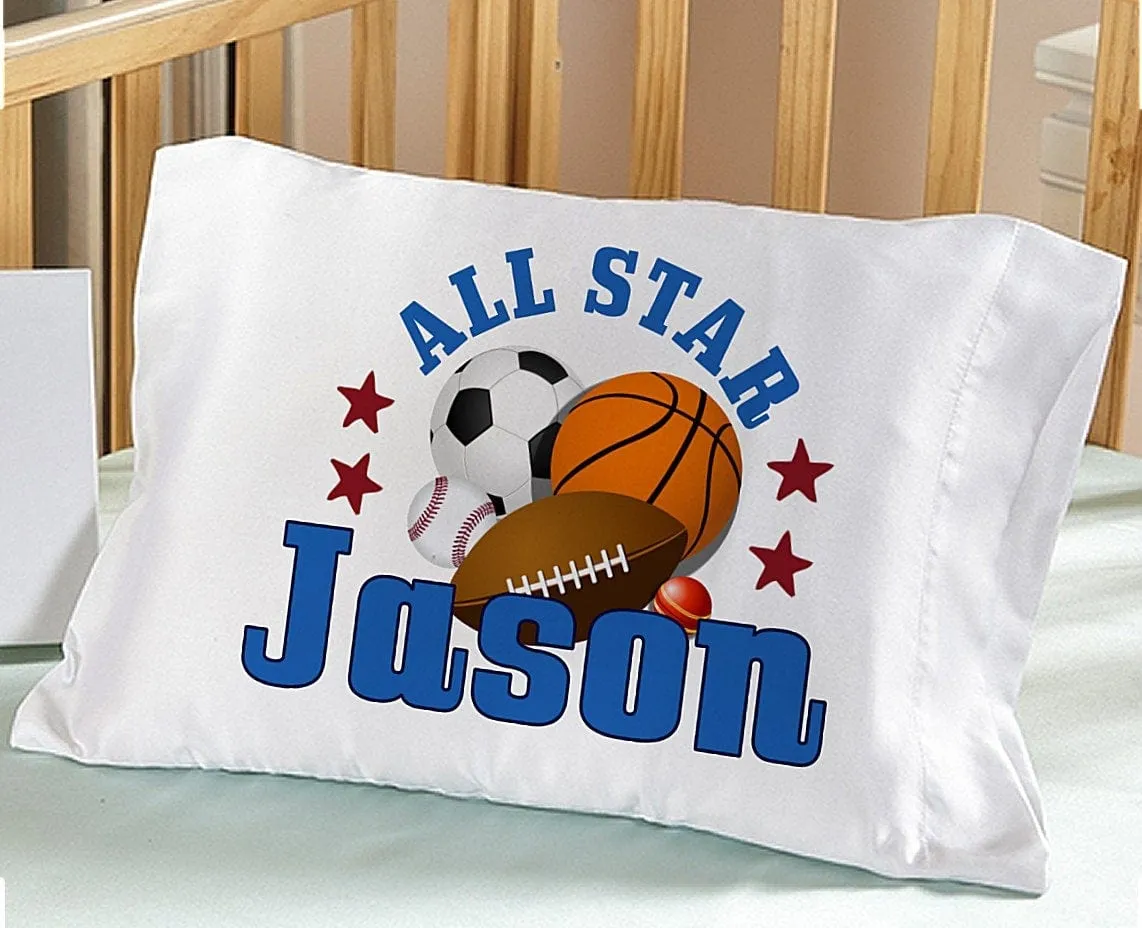 Personalized Sports Pillowcase All Star Balls Crib Bedding for Boys Sports Baseball Basketball Soccer Travel Pillow Case Toddler 13 x 18