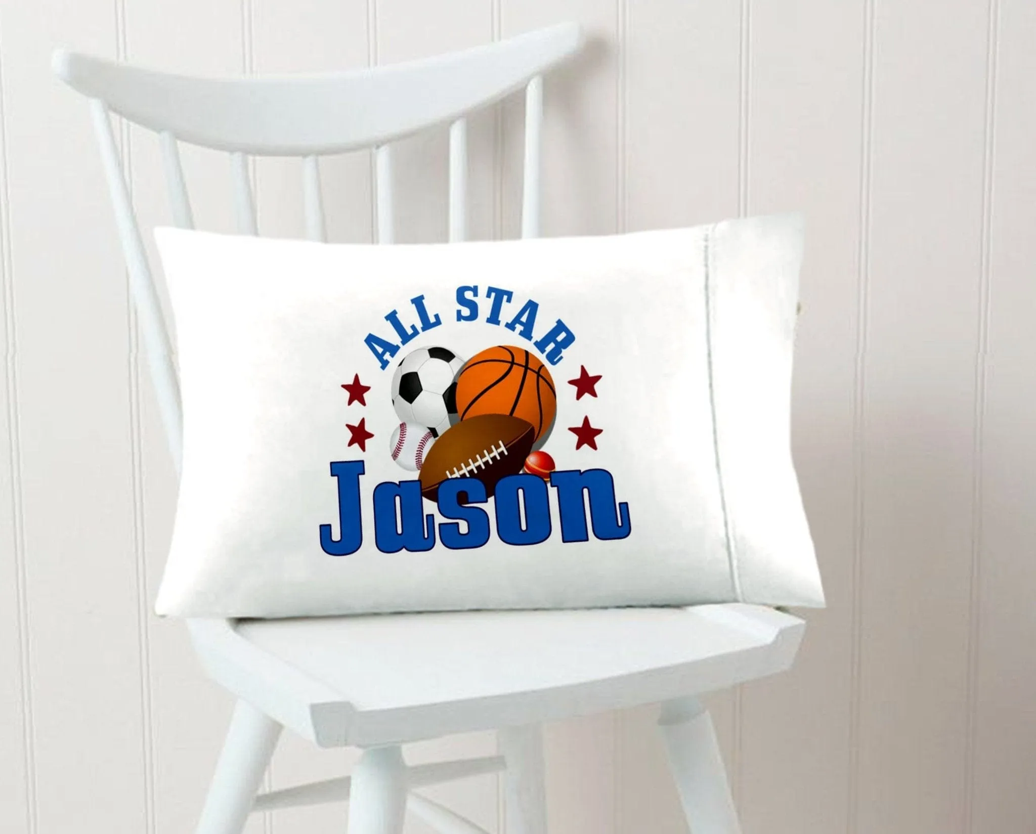 Personalized Sports Pillowcase All Star Balls Crib Bedding for Boys Sports Baseball Basketball Soccer Travel Pillow Case Toddler 13 x 18