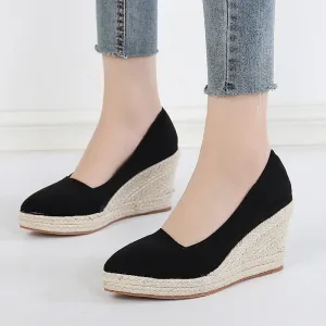 Pointed Toe Platform High Heel Work Shoes Thick Heel Straw Woven