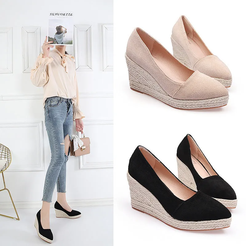 Pointed Toe Platform High Heel Work Shoes Thick Heel Straw Woven