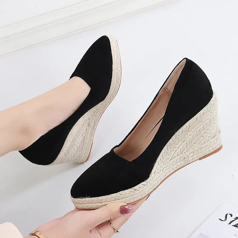 Pointed Toe Platform High Heel Work Shoes Thick Heel Straw Woven