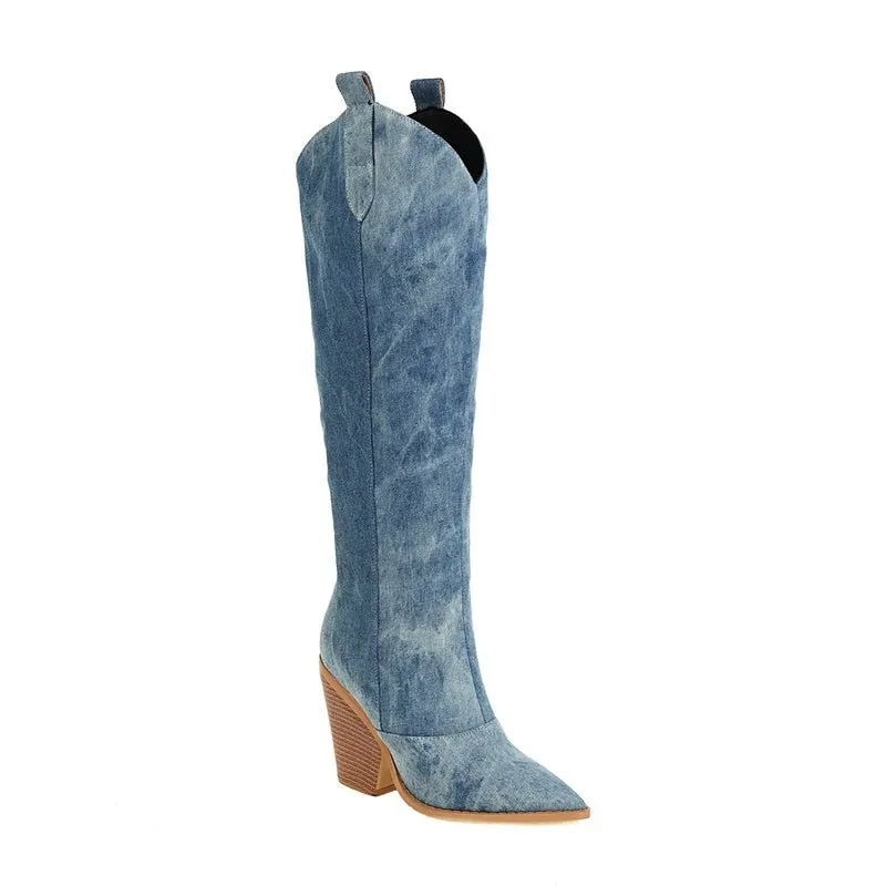 Pre Order:  Denim Knee-High Cowboy Boots