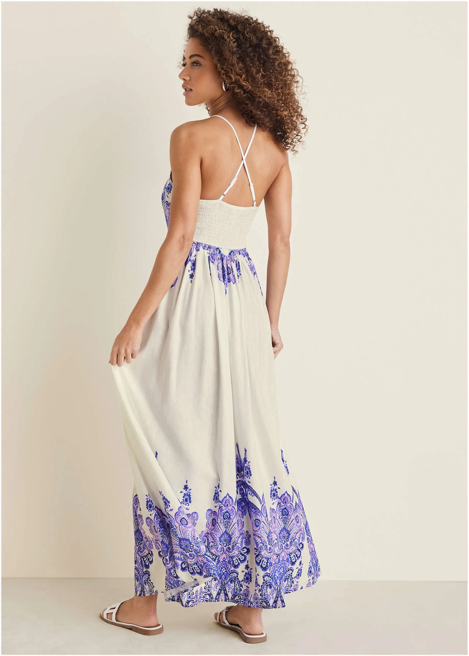 Printed Linen Maxi Dress - Purple Paisley Border