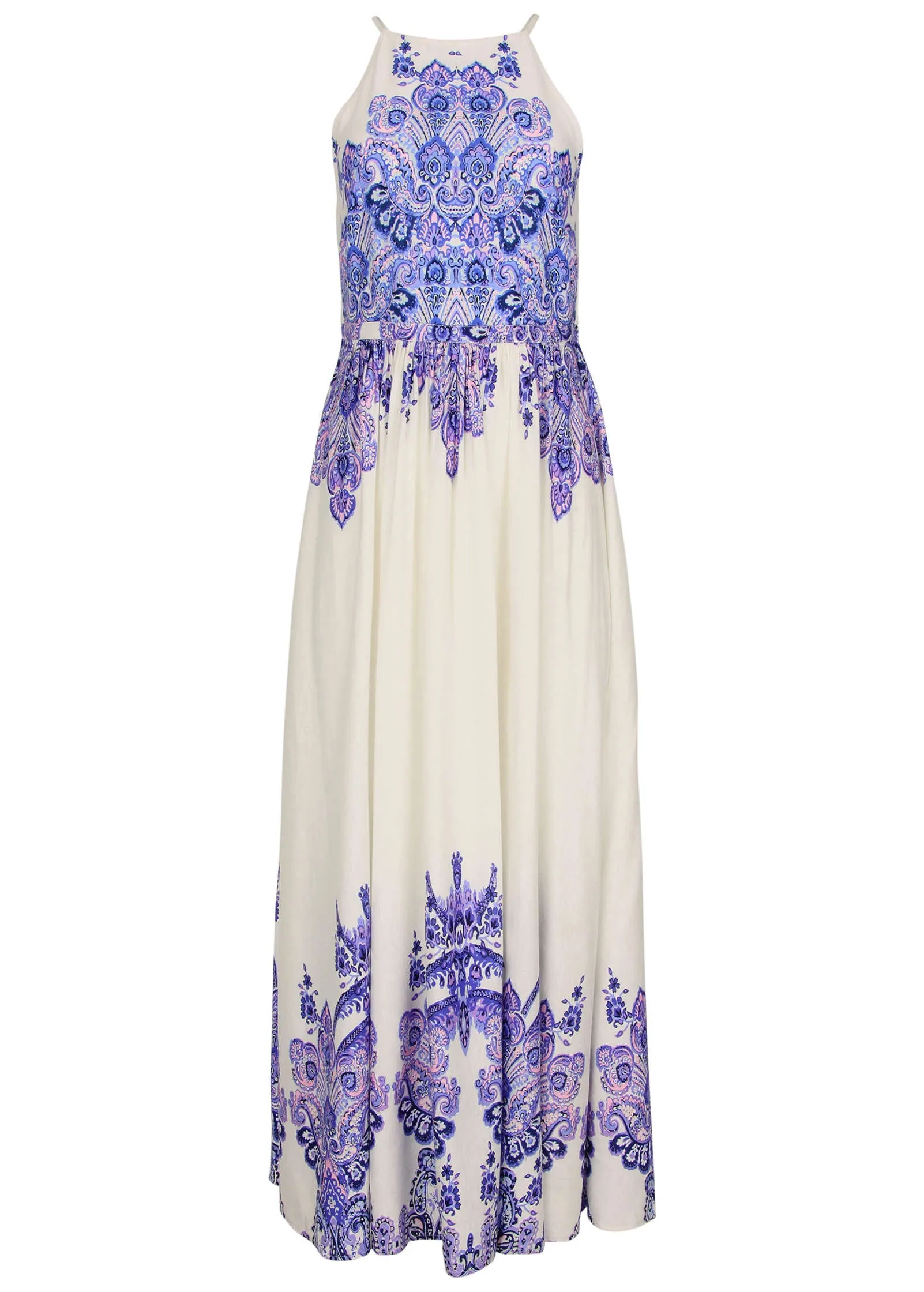 Printed Linen Maxi Dress - Purple Paisley Border