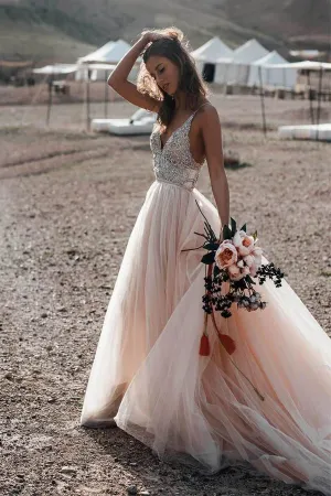 Romantic Champagne Beading Wedding Dress Backless Bridal Dress