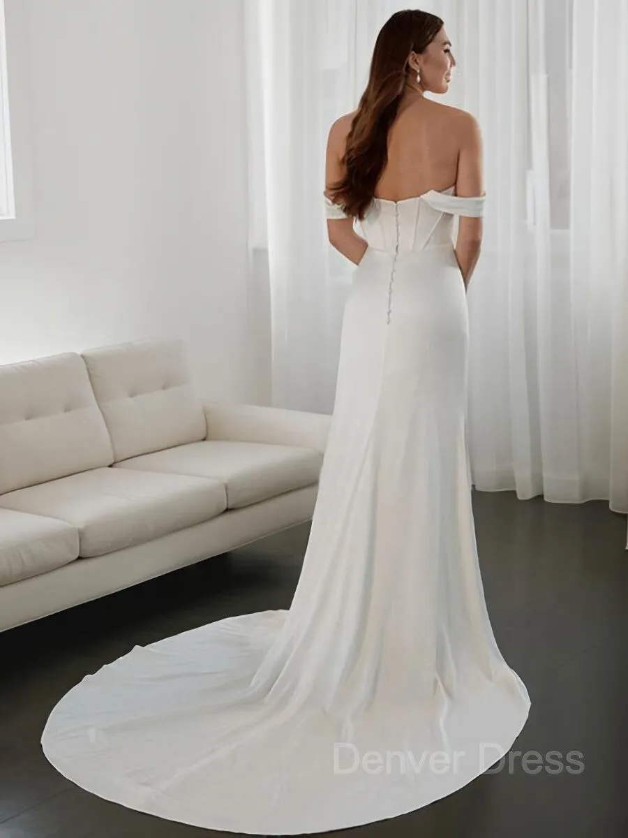 Sheath Off-the-Shoulder Court Train Charmeuse Wedding Dresses With Leg Slit