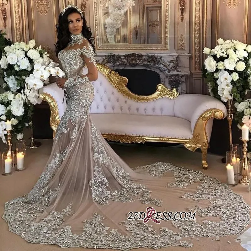 Silver Luxury Lace Long-Sleeve Mermaid High-Neck Wedding Dresses BH-362