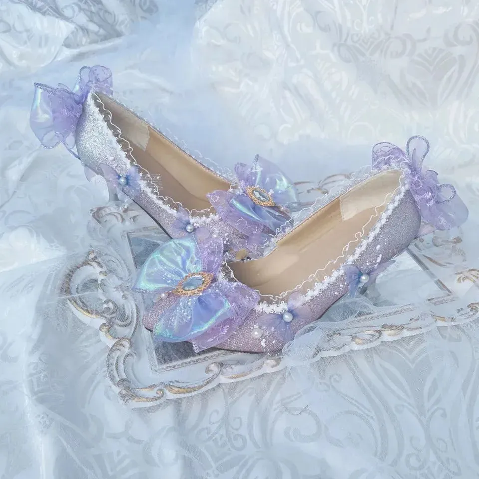 Sohiwoo Court Retro Style Sweet Lolita Cosplay Flower Wedding Elegant Tea Party Girl Bow Pearl Lace 6cm Purple Dream High Heeled Shoes