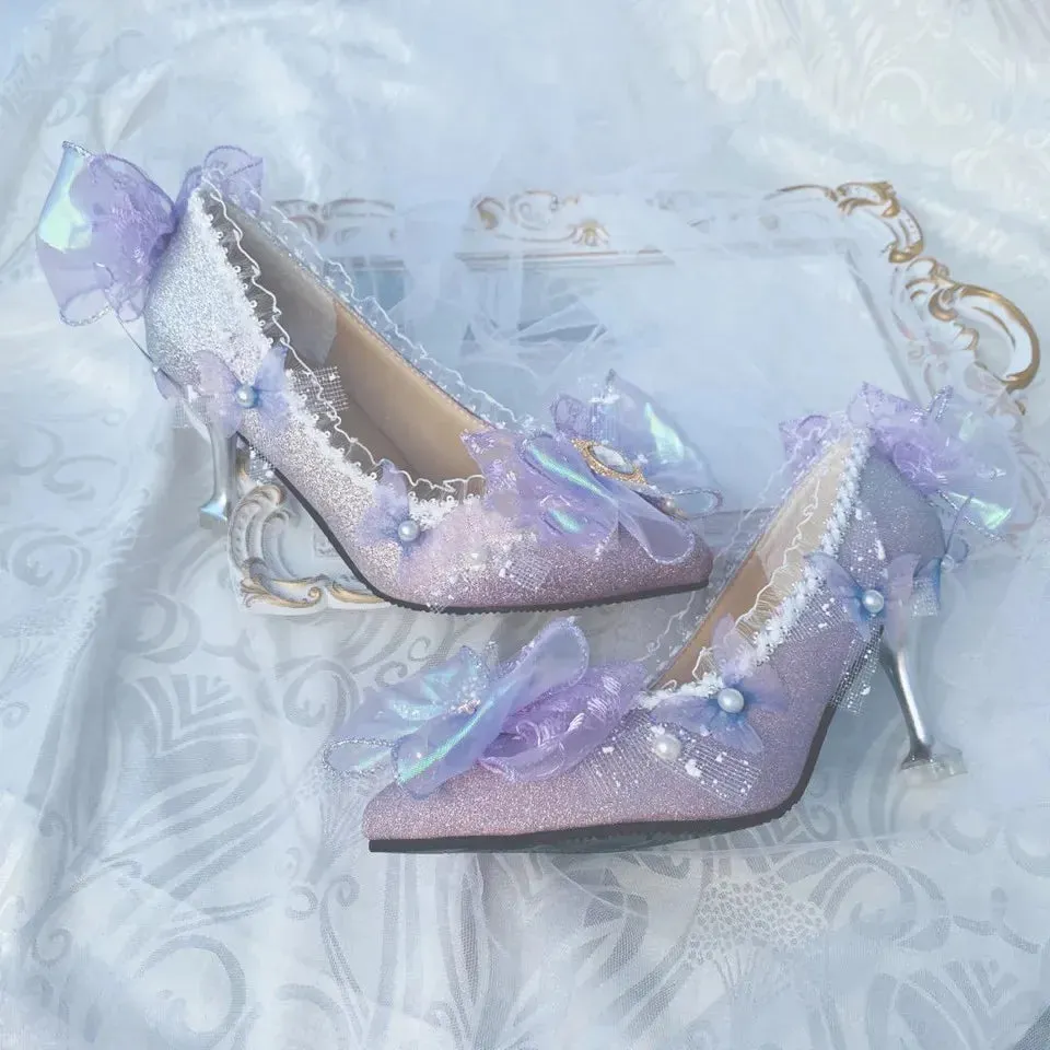 Sohiwoo Court Retro Style Sweet Lolita Cosplay Flower Wedding Elegant Tea Party Girl Bow Pearl Lace 6cm Purple Dream High Heeled Shoes