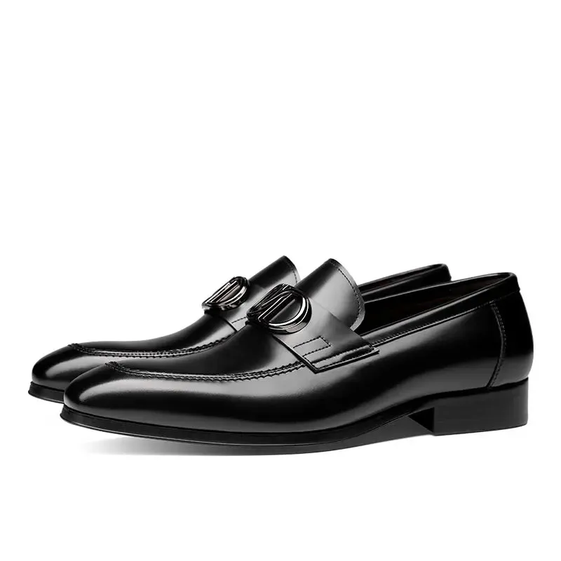 Solid Pointed Toe Genuine Leather Loafers