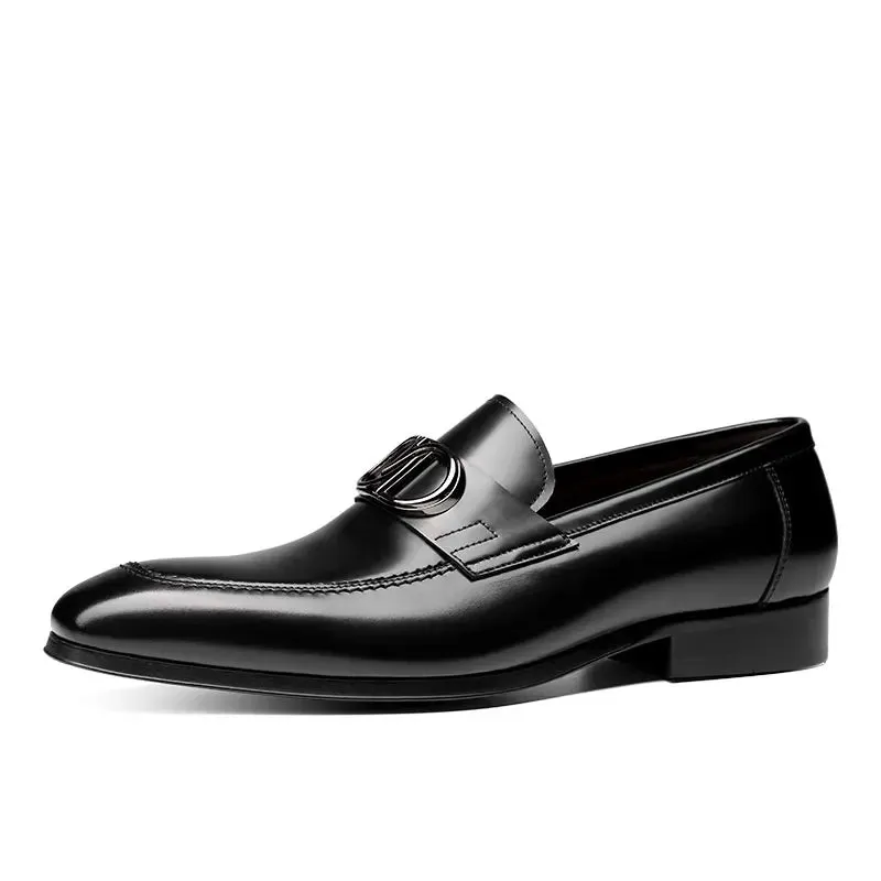 Solid Pointed Toe Genuine Leather Loafers