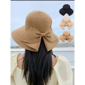 Straw Hat With Bowknot & Wide Brim Hat