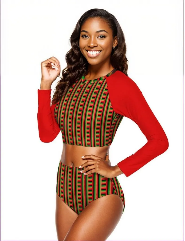 Striped Galore Long Sleeve Crew Neck Ladies Two-Piece Swimsuit