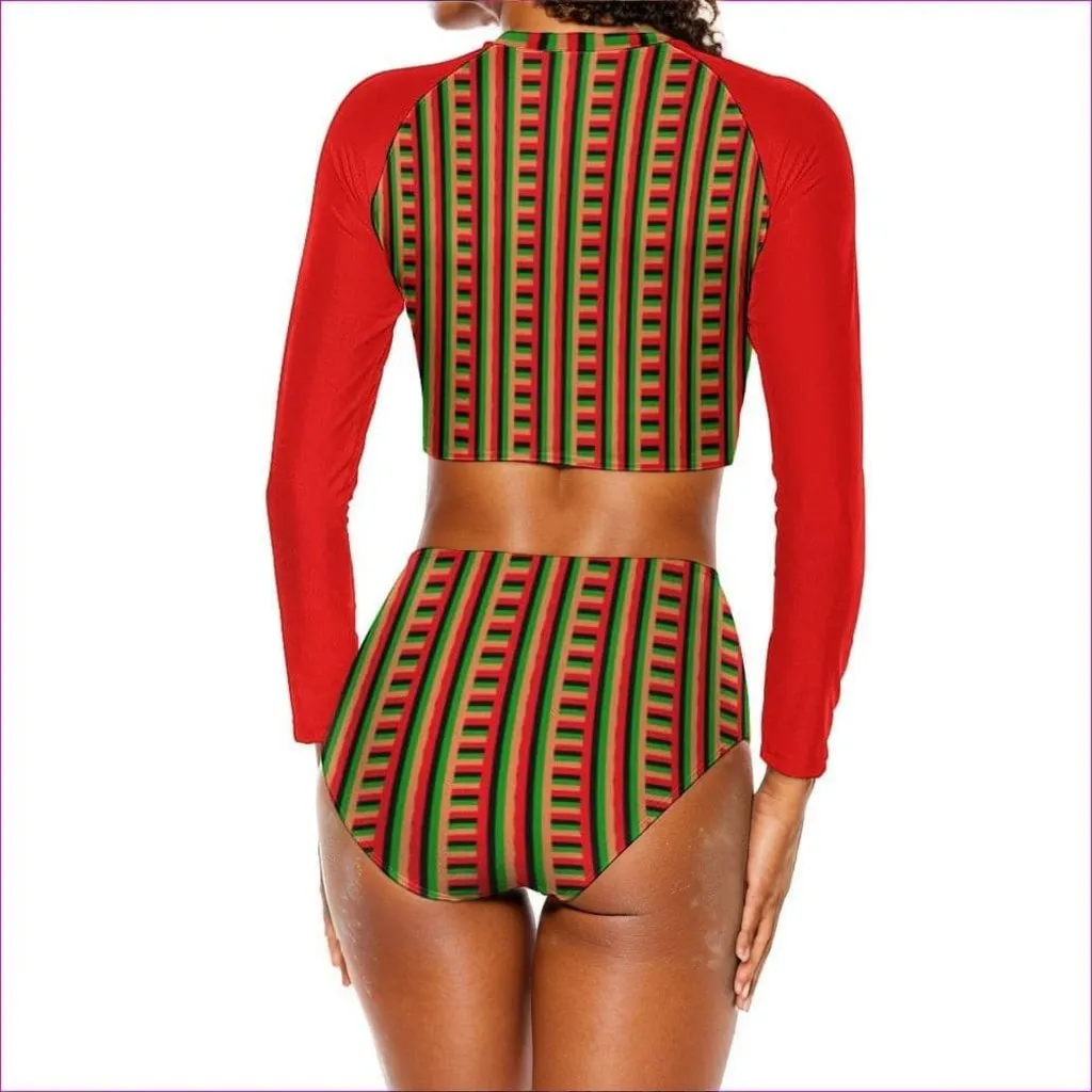 Striped Galore Long Sleeve Crew Neck Ladies Two-Piece Swimsuit