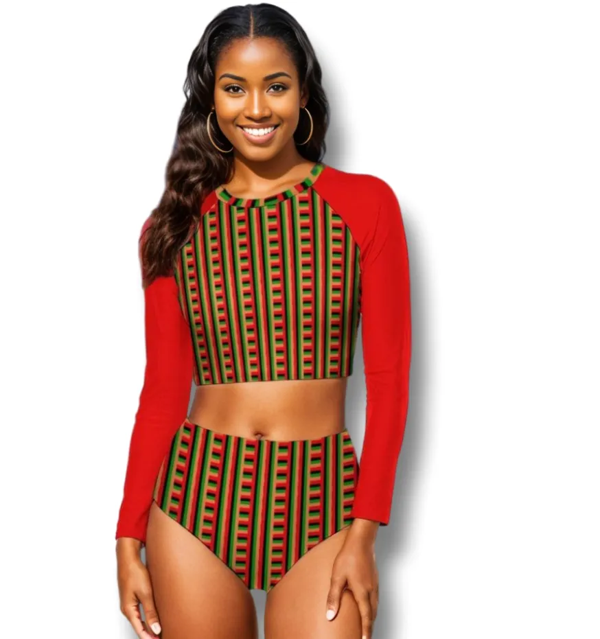 Striped Galore Long Sleeve Crew Neck Ladies Two-Piece Swimsuit