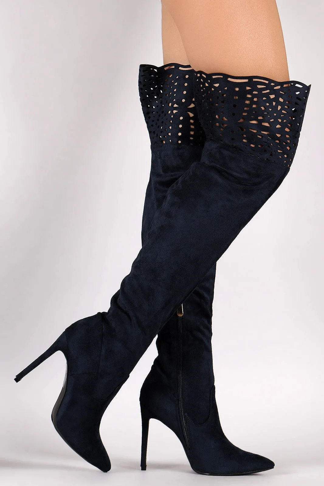 Suede Laser Cutout Over-The-Knee Stiletto Boots