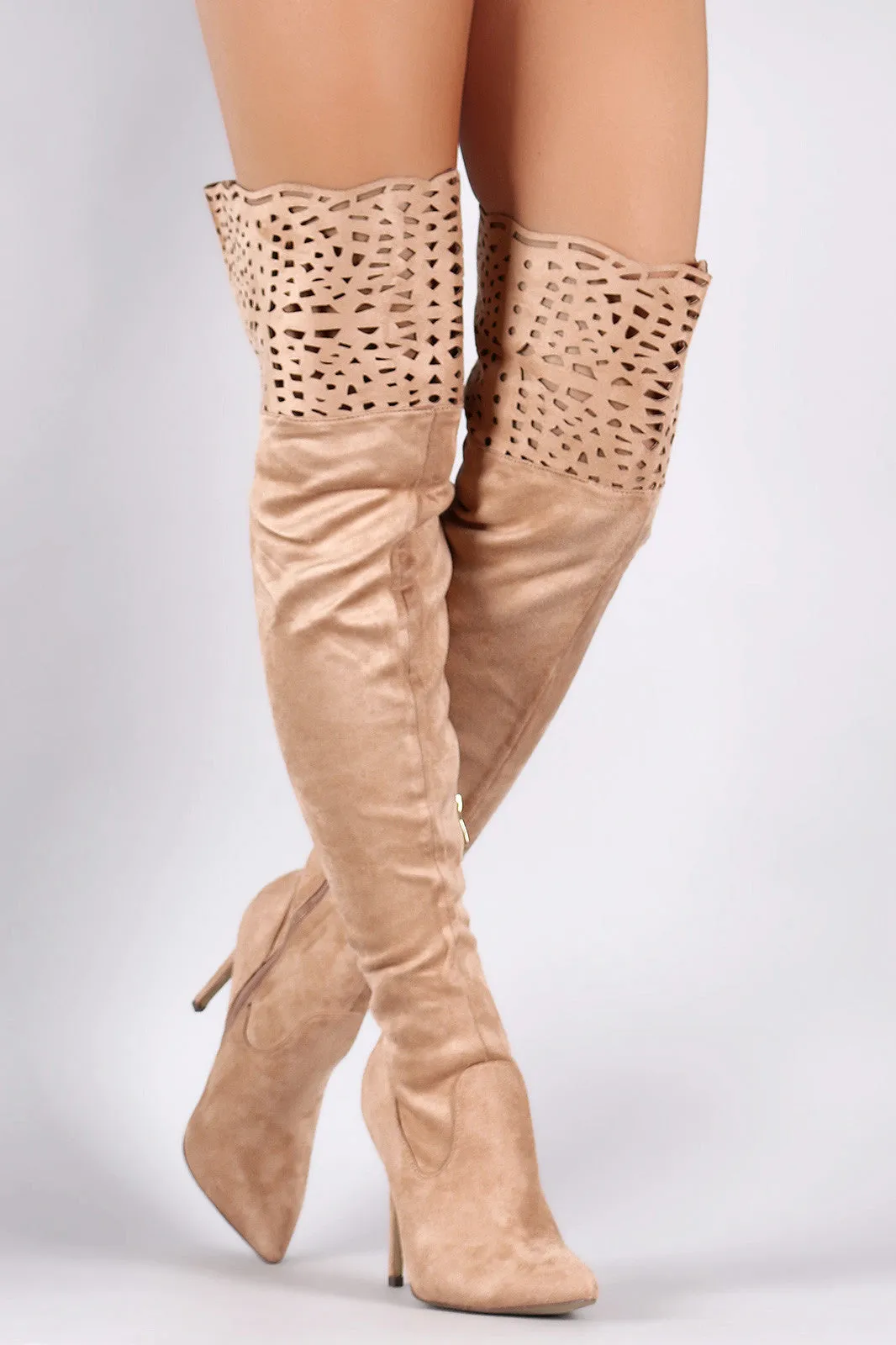 Suede Laser Cutout Over-The-Knee Stiletto Boots