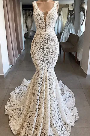 Vintage Long Mermaid V-neck Lace Backless Wedding Dresses