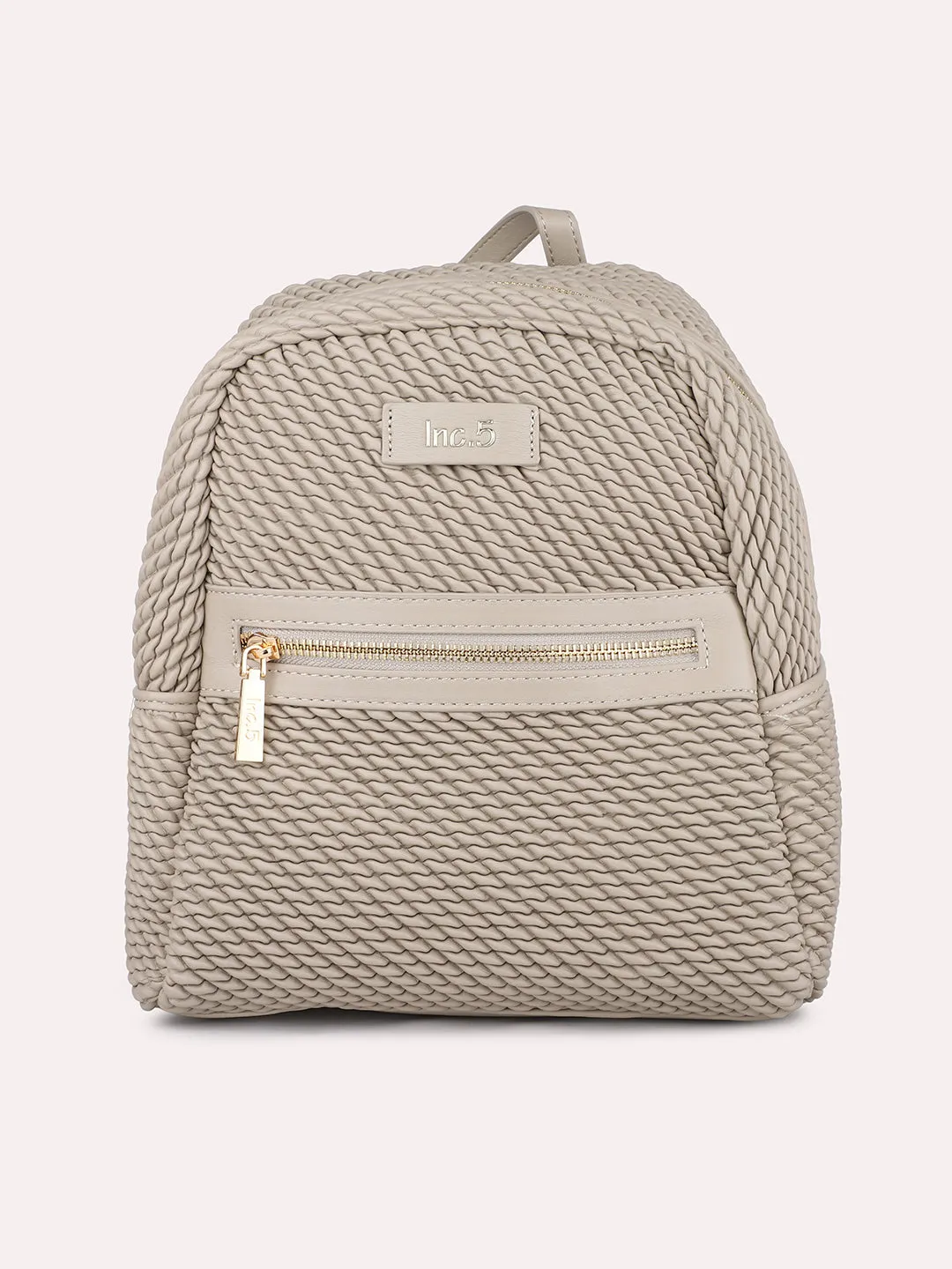 Women Beige Textured Mini Backpack With Quilted Detailing