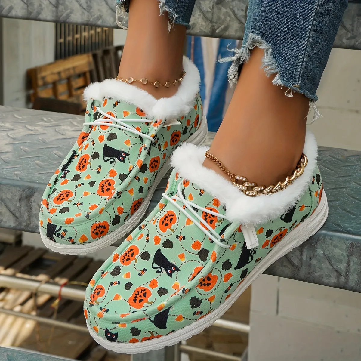 Women's Pumpkin & Cat Print Canvas Shoes, Casual Lace Up Outdoor Shoes, Lightweight Low Top Halloween Shoes