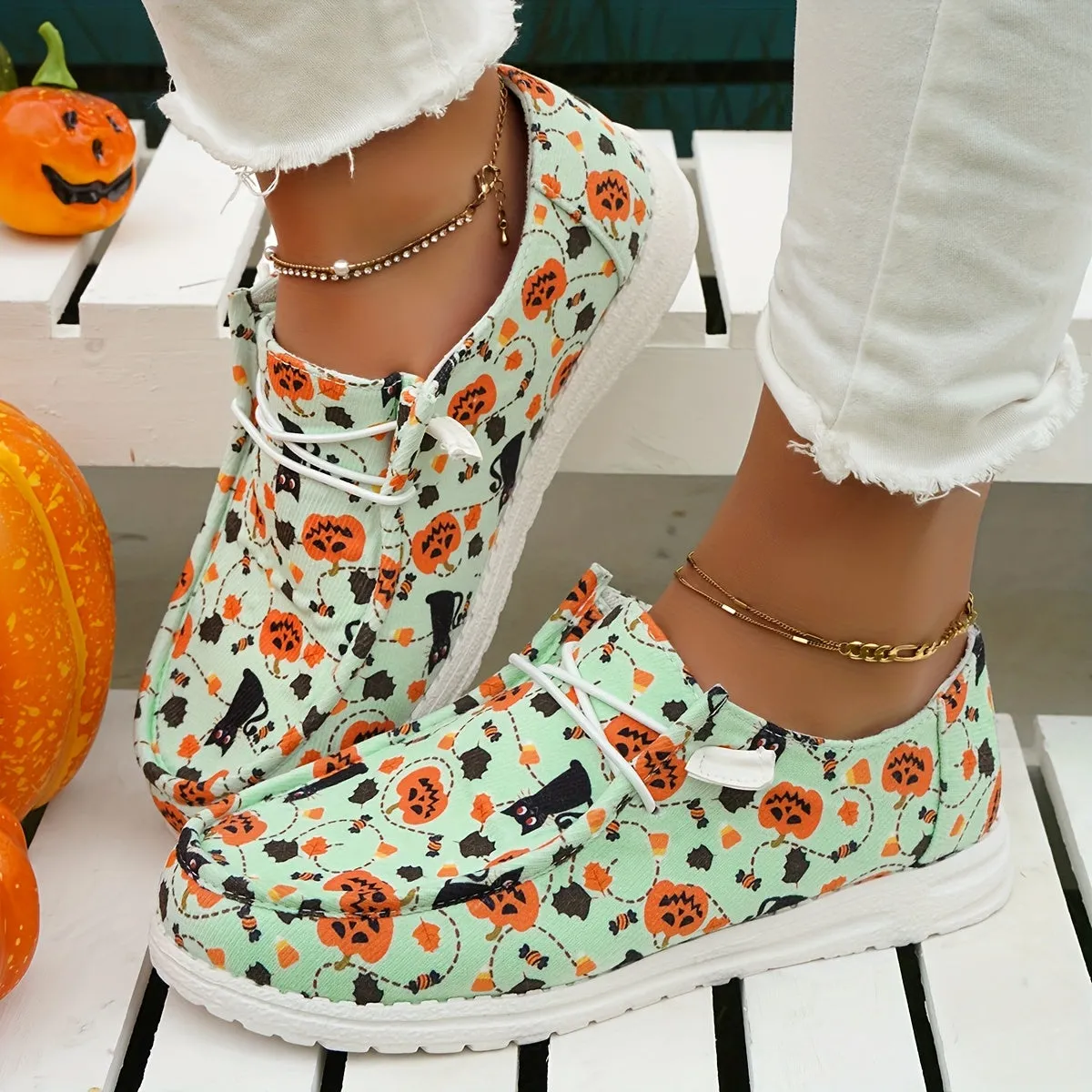 Women's Pumpkin & Cat Print Canvas Shoes, Casual Lace Up Outdoor Shoes, Lightweight Low Top Halloween Shoes