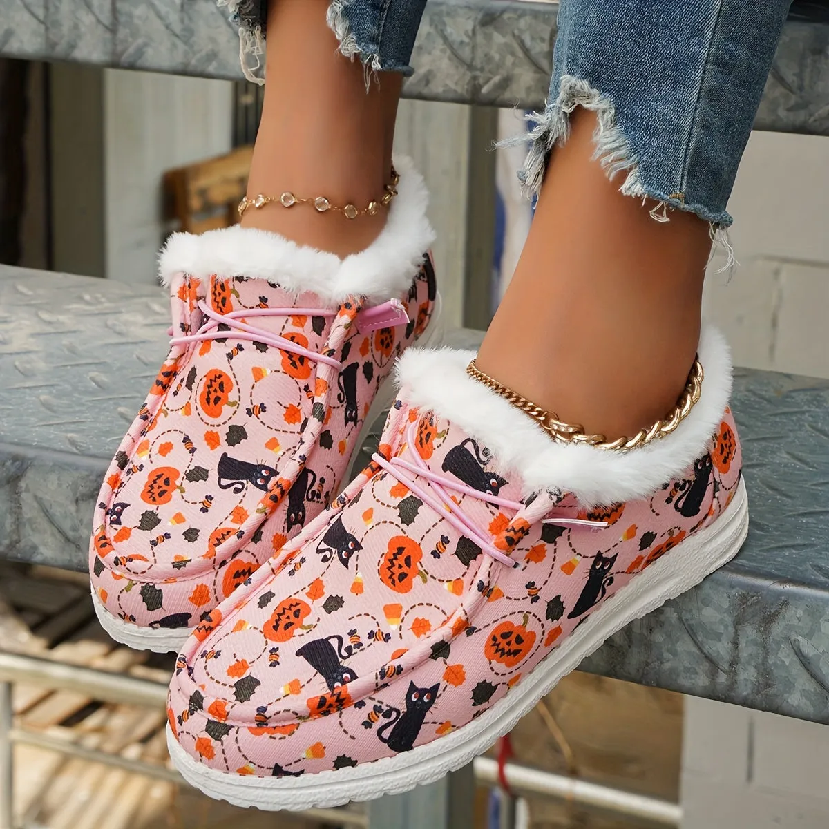 Women's Pumpkin & Cat Print Canvas Shoes, Casual Lace Up Outdoor Shoes, Lightweight Low Top Halloween Shoes