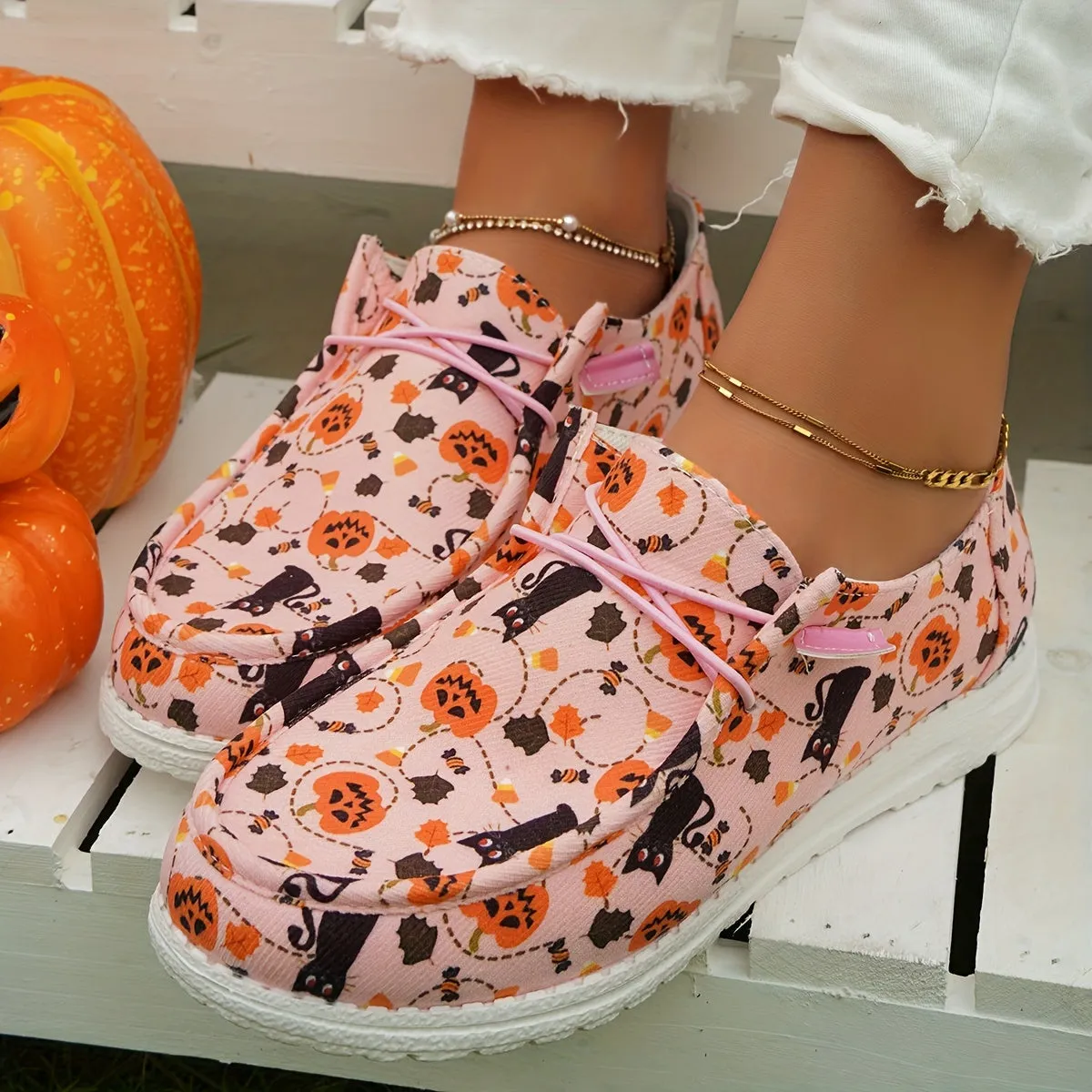 Women's Pumpkin & Cat Print Canvas Shoes, Casual Lace Up Outdoor Shoes, Lightweight Low Top Halloween Shoes