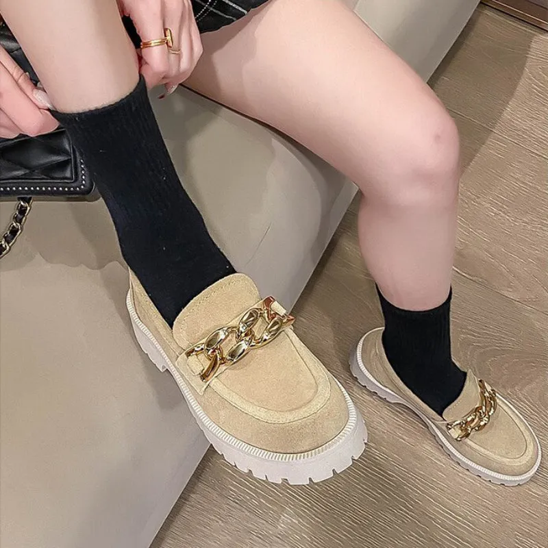 Women's Suede Loafer Shoes with Chain Embellishment